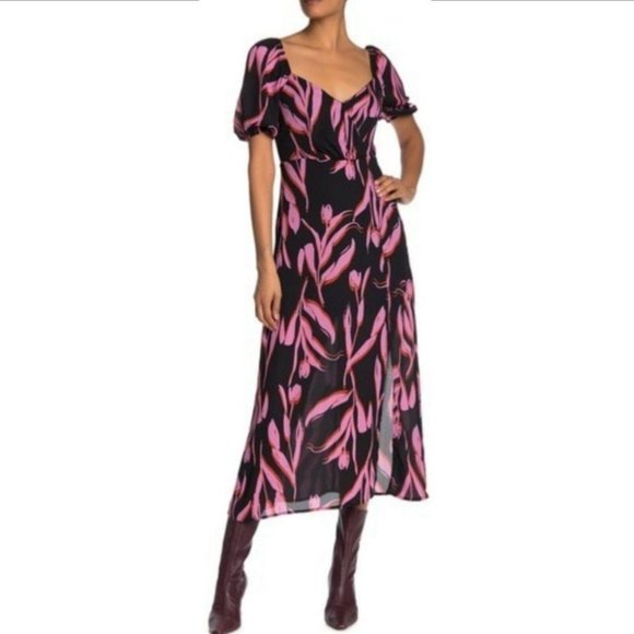 Lush Dresses & Skirts - Lush floral black wrap puff sleeves midi Dress